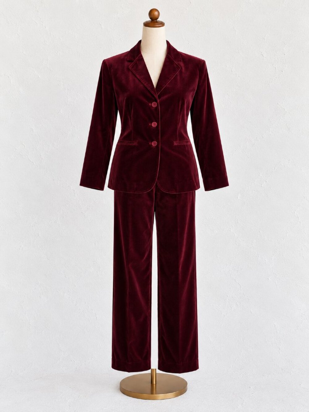 Vintage Petite Sophisticate Burgundy Velvet 2 Piece Pant Suit